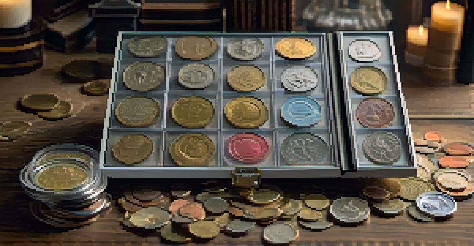 A transparent coin holder album showing a neatly arranged collection of colorful coins on a rustic wooden table.