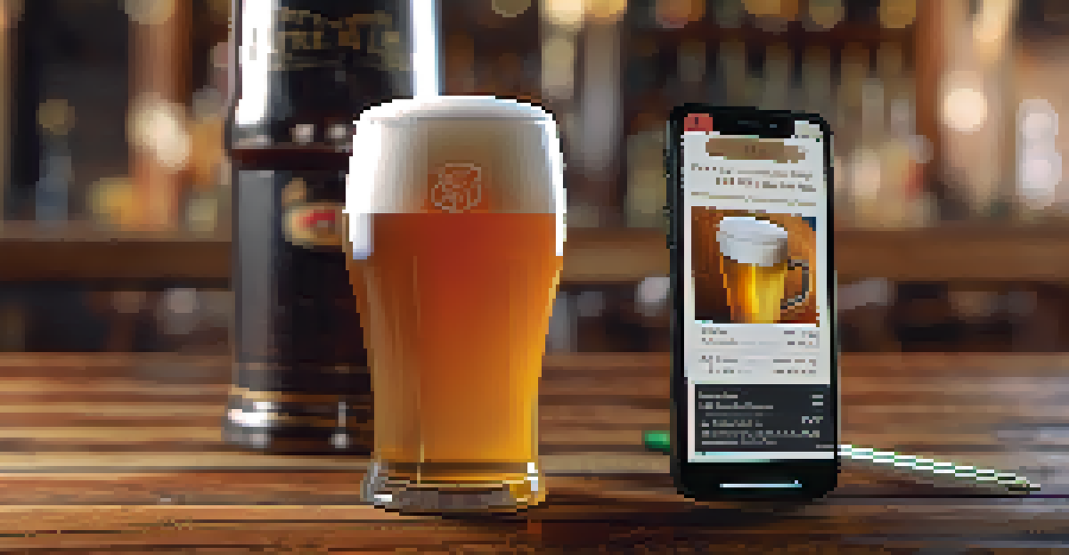 A close-up of a craft beer in a glass beside a smartphone showing brewing app statistics on a wooden table.