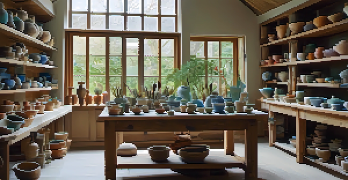 A ceramics workshop with tools and colorful glazed sculptures, featuring a potter's wheel and a view of a garden.
