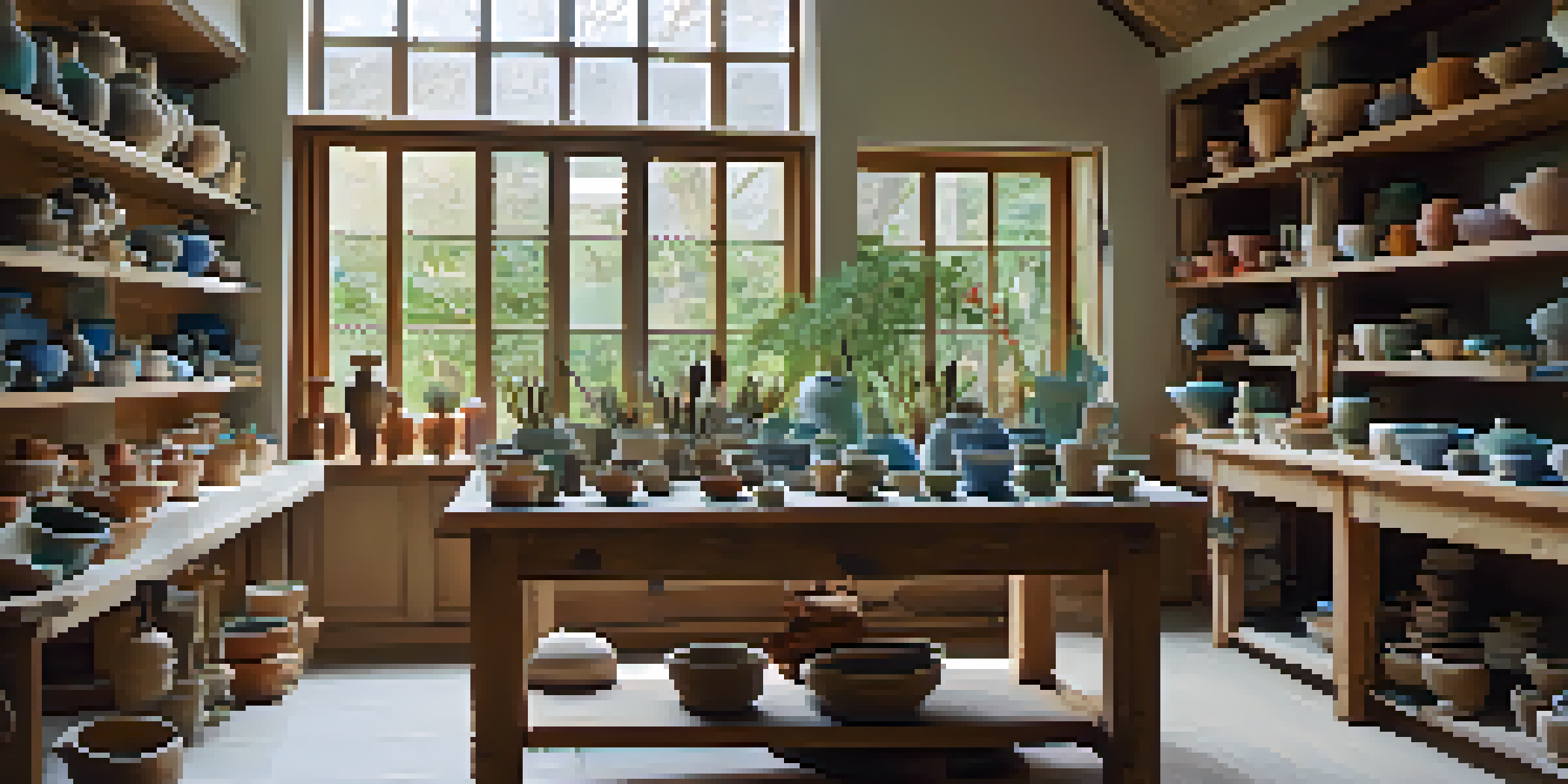 A ceramics workshop with tools and colorful glazed sculptures, featuring a potter's wheel and a view of a garden.