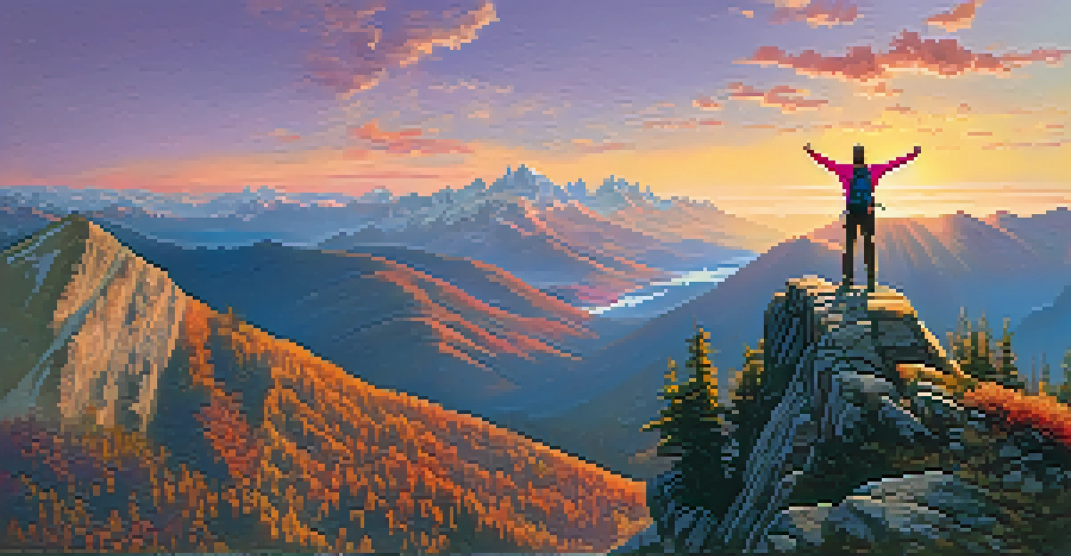 A hiker celebrating at a mountain viewpoint, with a stunning sunset view over valleys and peaks in the background.