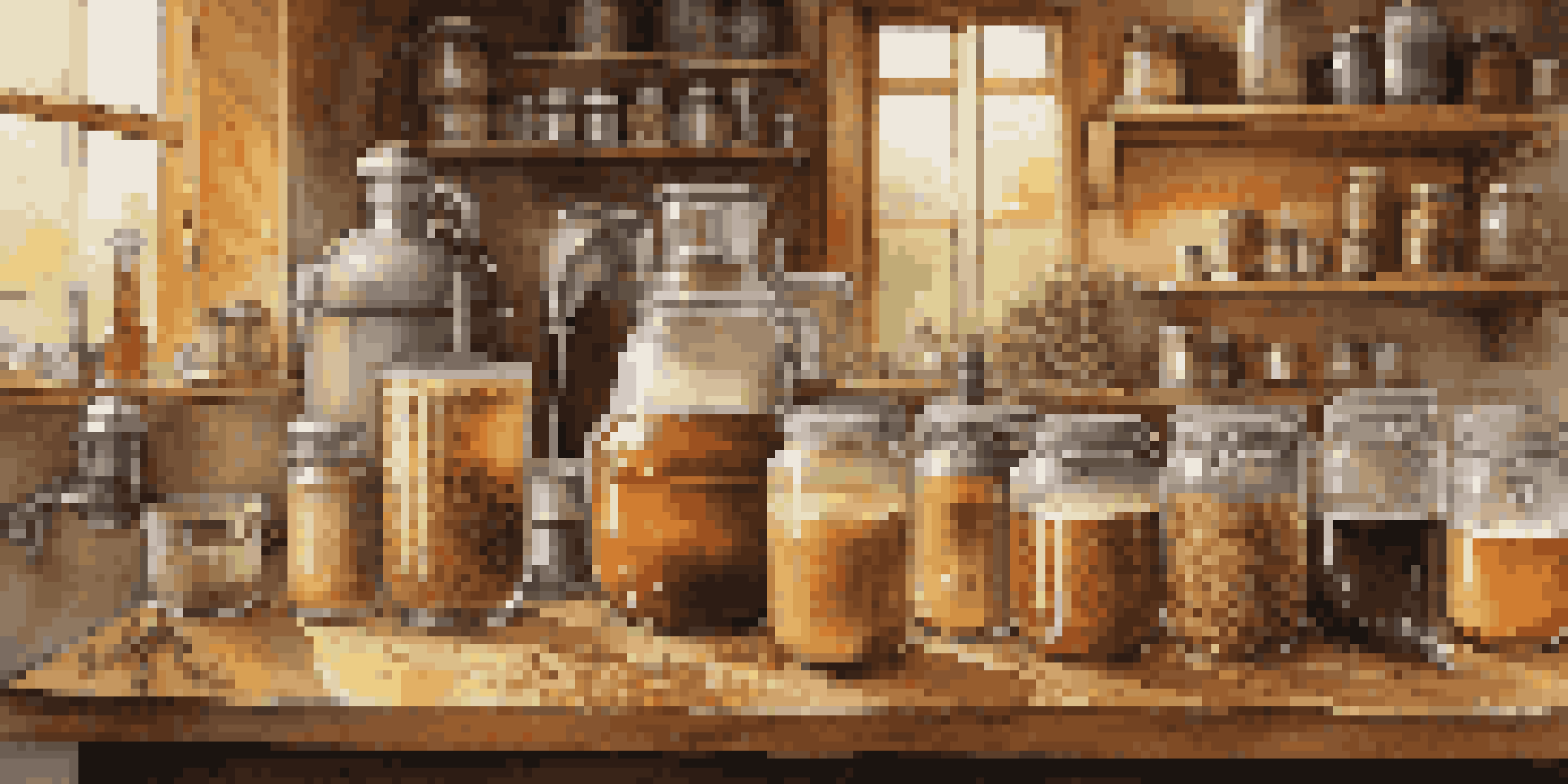 A home brewing setup with ingredients and equipment on a wooden countertop, featuring malt, hops, and yeast in glass jars and a bubbling fermentation vessel.