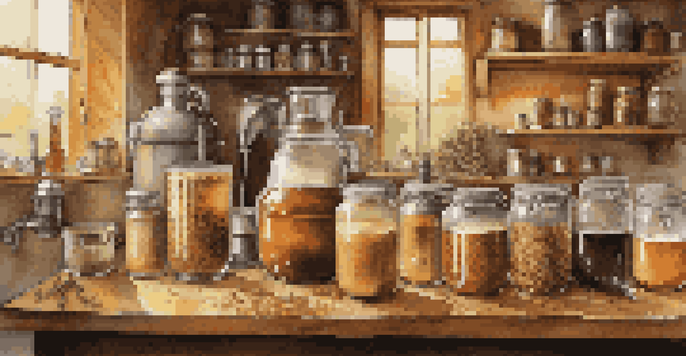 A home brewing setup with ingredients and equipment on a wooden countertop, featuring malt, hops, and yeast in glass jars and a bubbling fermentation vessel.