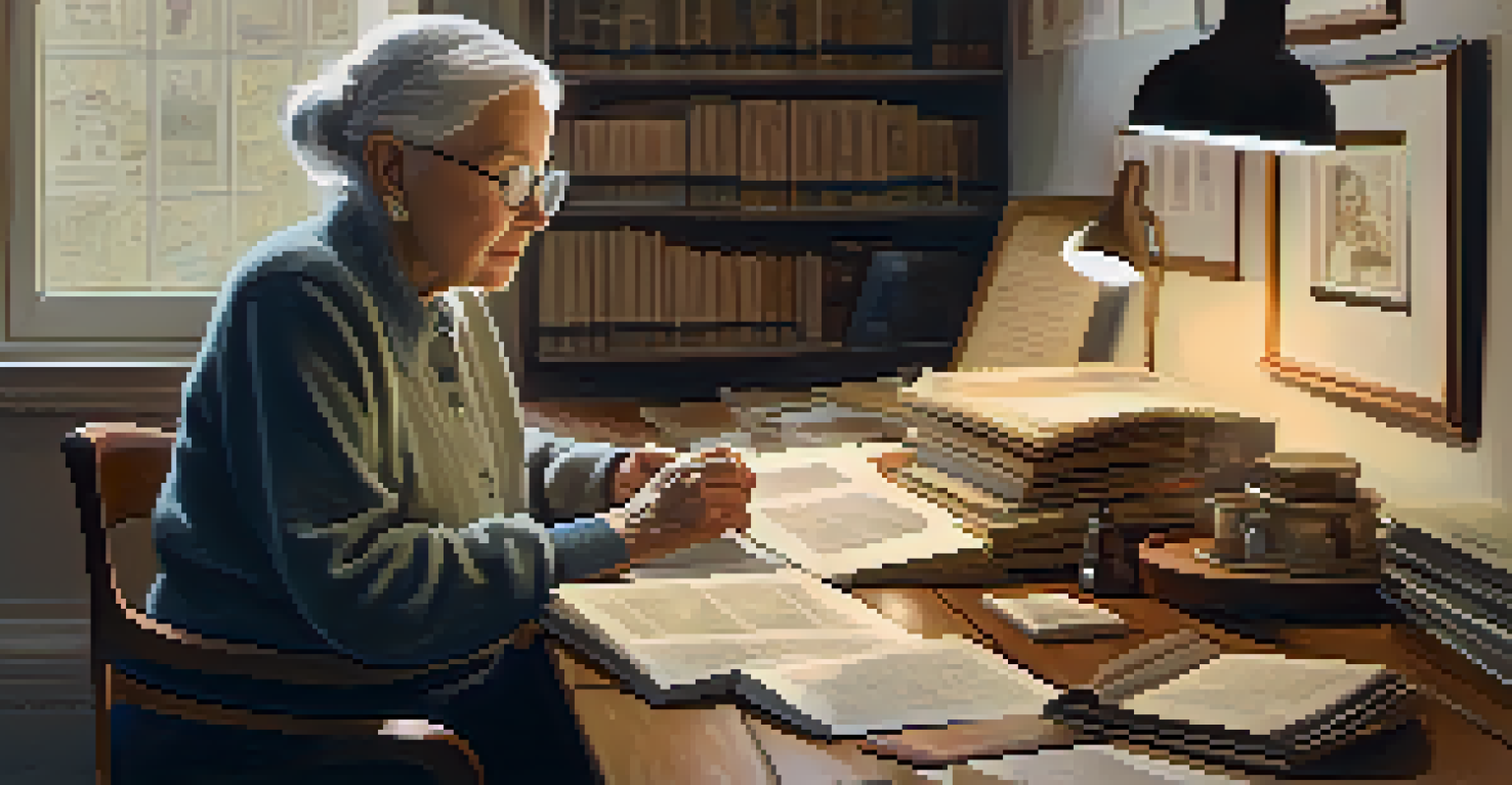 An elderly individual researching family history at a table with books and a laptop, illuminated by warm sunlight.