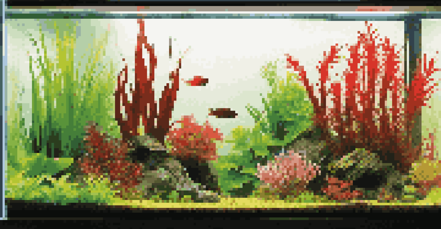 A colorful aquarium filled with various aquatic plants arranged in a Dutch style.