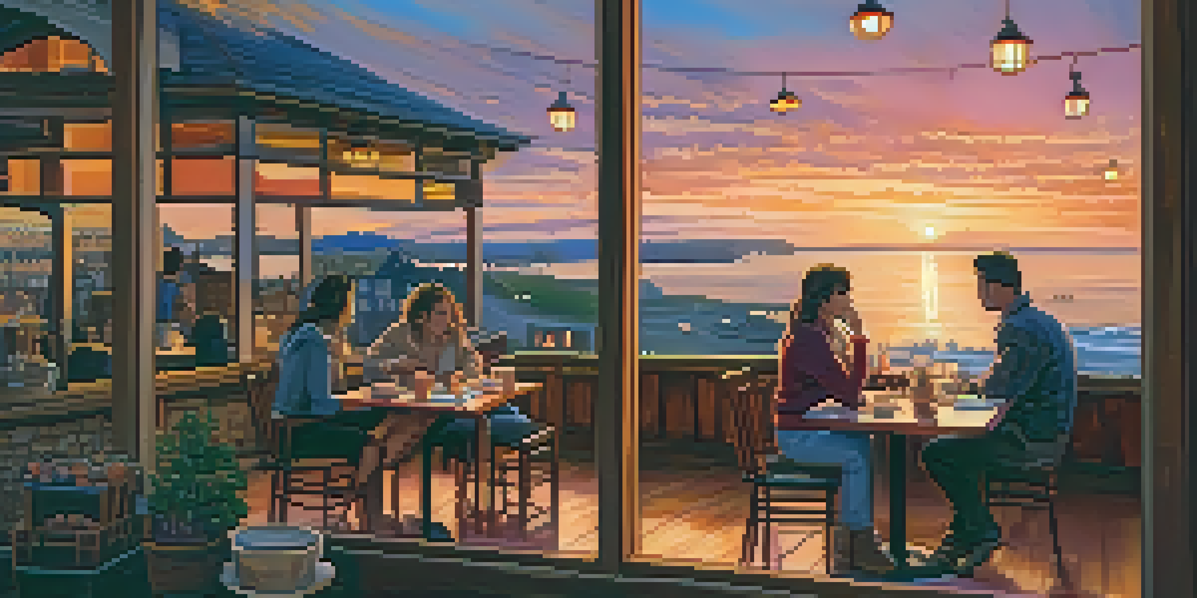 A warm and inviting café with a sunset view, featuring an open notebook and pen on the table, creating a peaceful atmosphere for inspiration.