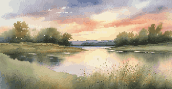 A tranquil lake at sunset with warm colors reflecting on the water and wildflowers in the foreground.