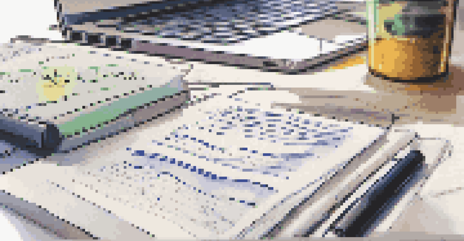 A close-up of a podcast transcription document with a highlighter, a laptop showing audio waveforms, and a notepad with handwritten notes in the background.