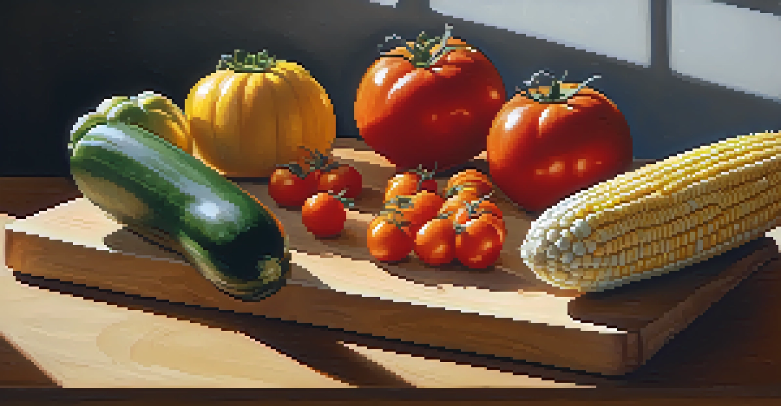 A wooden cutting board with seasonal vegetables like tomatoes and squash, illuminated by soft natural light.