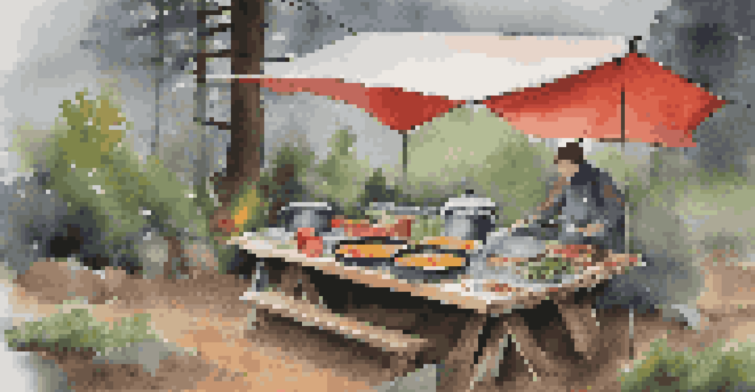 A person cooking under a tarp in the rain, with a picnic table and colorful ingredients.
