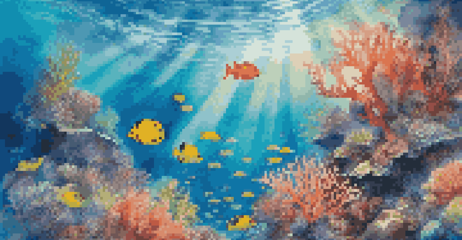 A colorful underwater coral reef filled with fish and illuminated by sunlight, creating a vibrant marine environment.