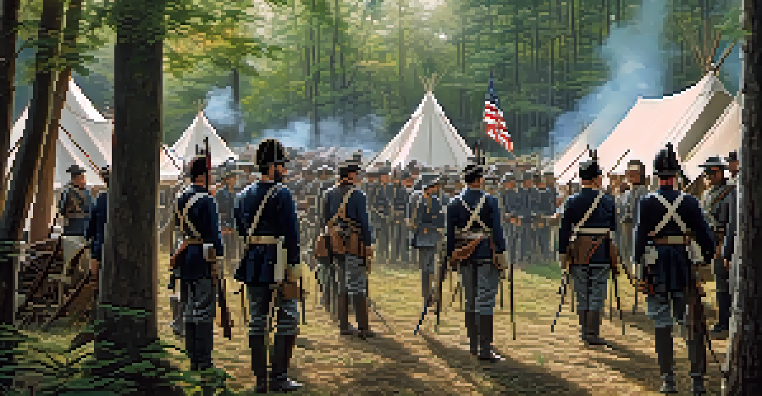 Civil War reenactors in authentic uniforms preparing for battle, with period tents and a forest backdrop, lit dramatically to emphasize their expressions.