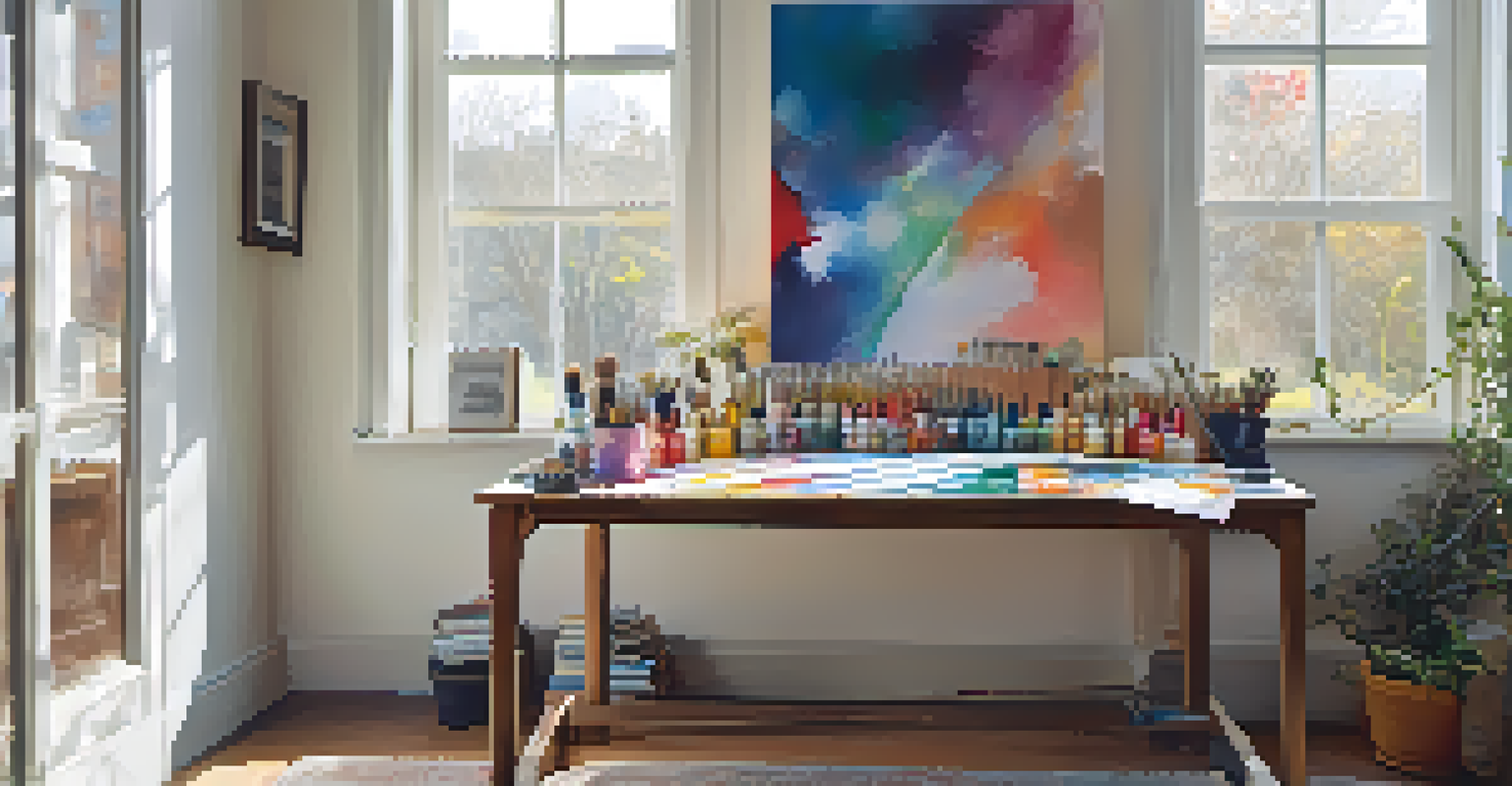 An artist's workspace with paints and brushes, featuring a partially completed abstract painting in soft natural light.