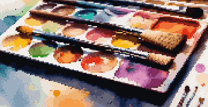 A close-up view of colorful digital brushes on an artist's palette with vibrant paint splatters and soft lighting.