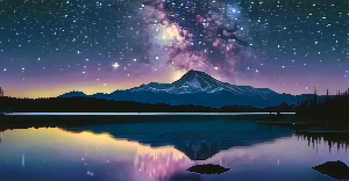 A starry night sky with the Milky Way visible, a mountain silhouette in the foreground, and a lake reflecting the stars.