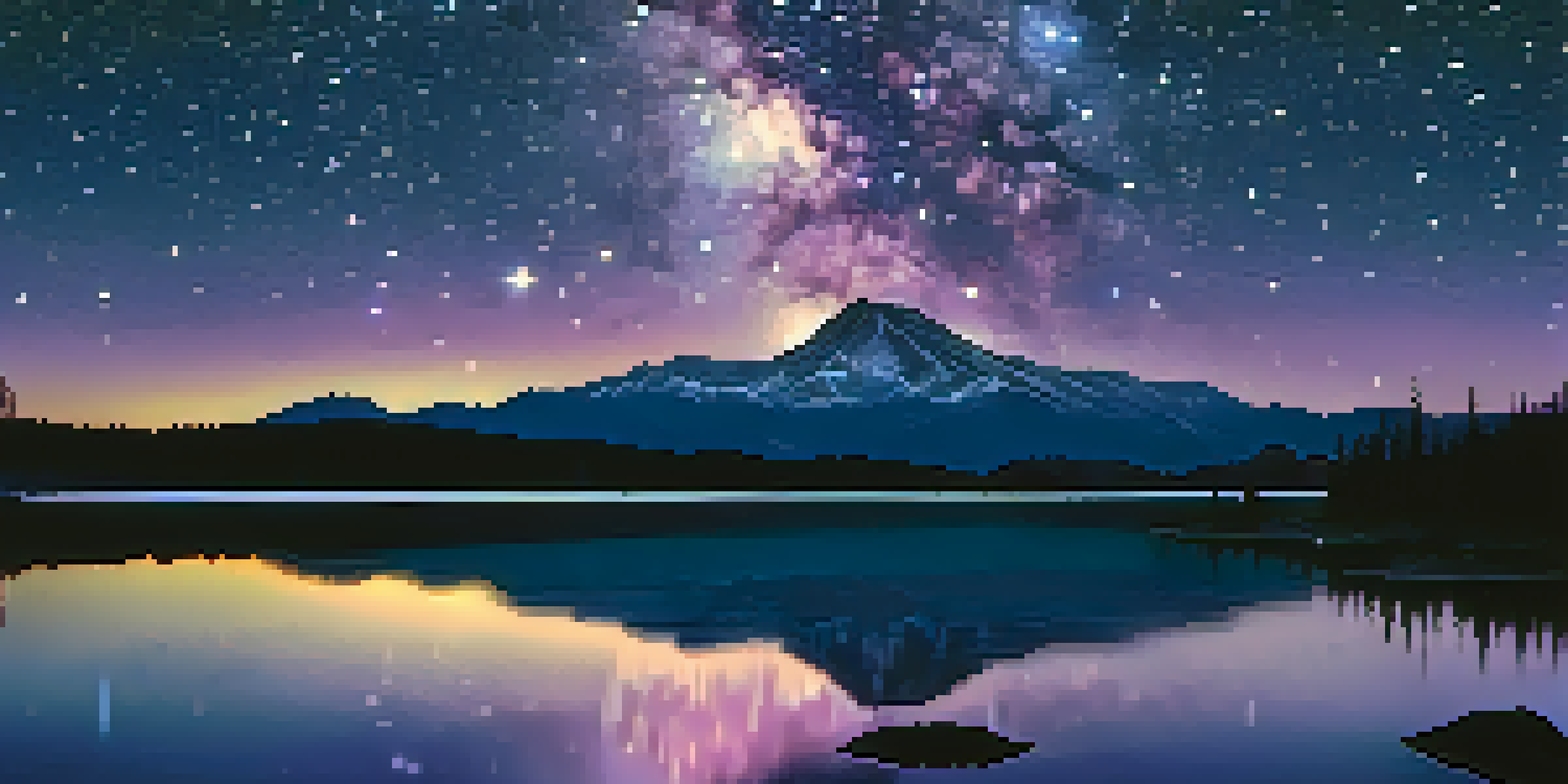 A starry night sky with the Milky Way visible, a mountain silhouette in the foreground, and a lake reflecting the stars.