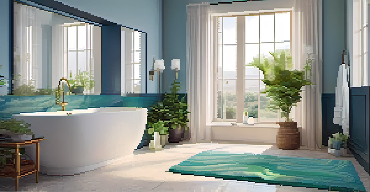 A bright bathroom with a soft blue and green cotton rug in front of a modern sink, illuminated by natural light, with candles and plants adding a tranquil touch.