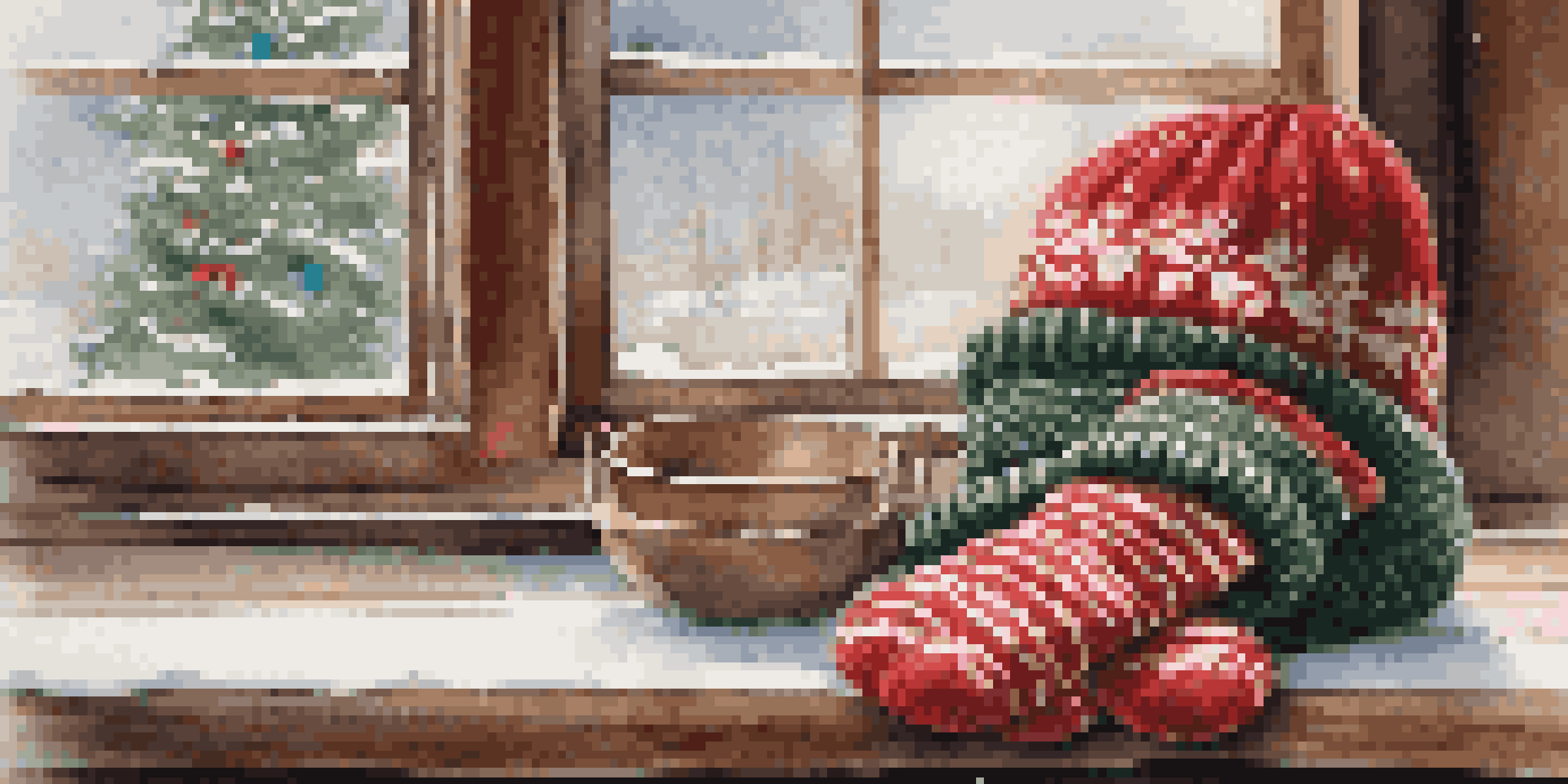 A cozy scene with a knitted winter hat, scarf, and mittens on a wooden table, featuring a snowflake pattern and red-green stripes, with snow falling outside a window.