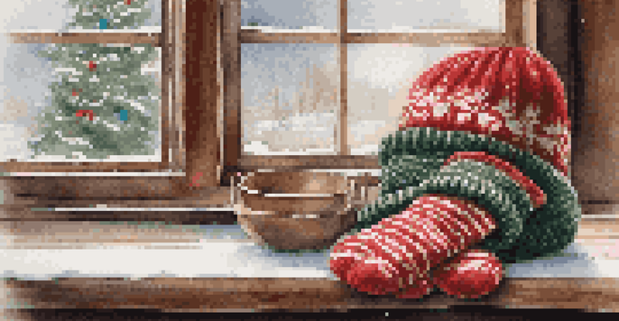 A cozy scene with a knitted winter hat, scarf, and mittens on a wooden table, featuring a snowflake pattern and red-green stripes, with snow falling outside a window.