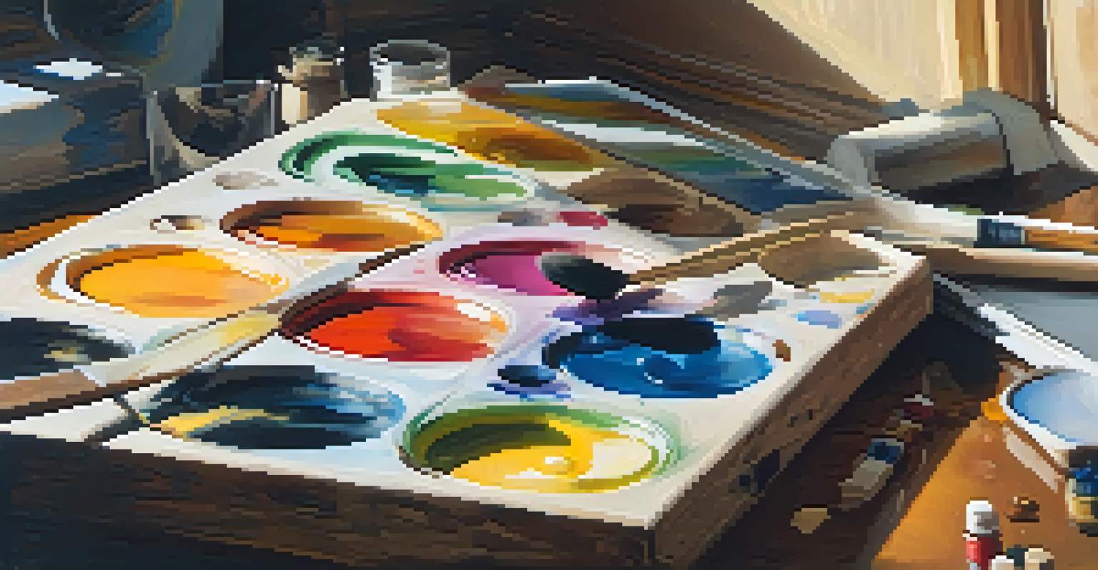 A close-up view of a wooden painter's palette filled with colorful oil paints, illuminated by soft natural light from a window.