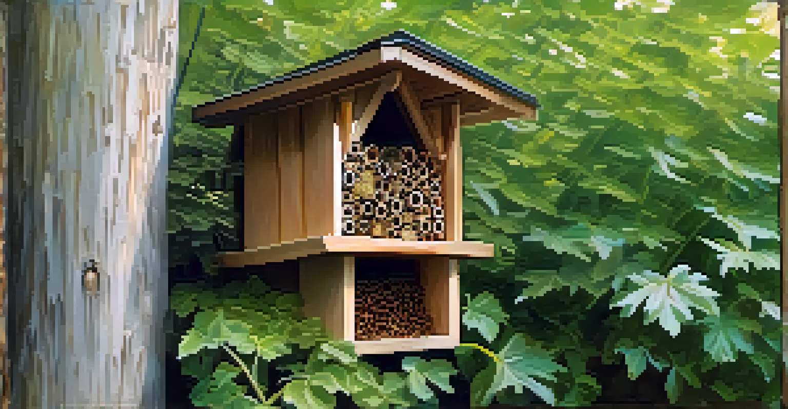 A close-up of a bee hotel surrounded by blooming native plants, with bees visiting the flowers.