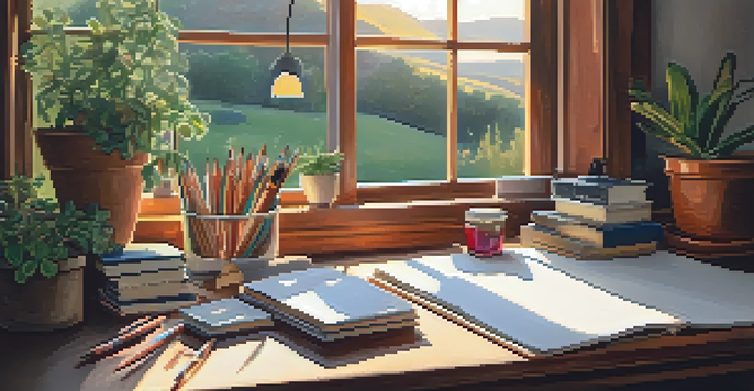 An artist's workspace with sketchbooks, pencils, and watercolor paints under warm sunlight, showcasing a landscape sketch of hills and sunset.