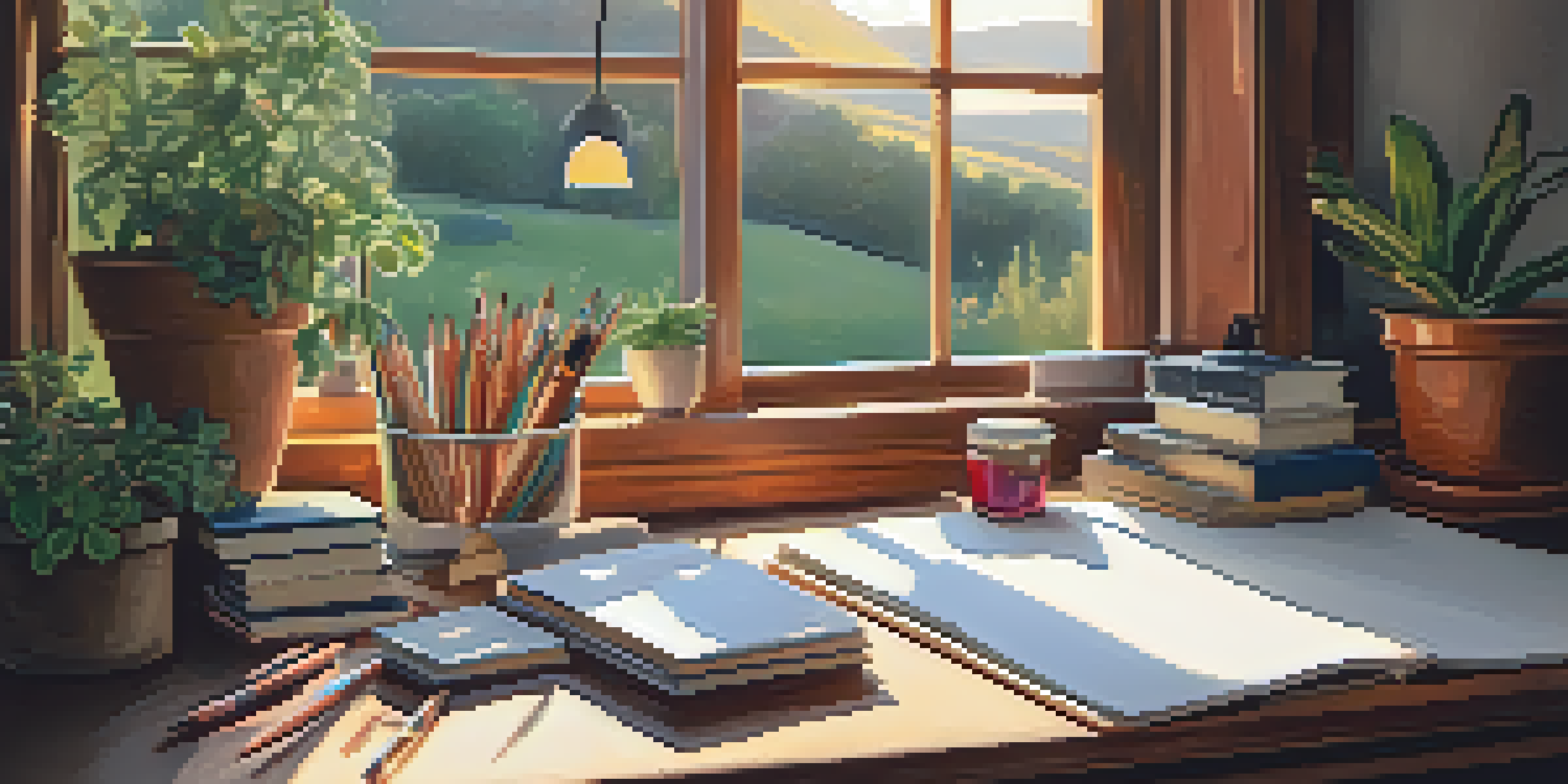 An artist's workspace with sketchbooks, pencils, and watercolor paints under warm sunlight, showcasing a landscape sketch of hills and sunset.