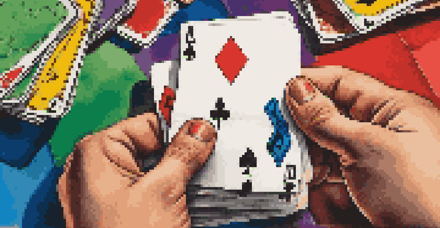 A close-up of a hand holding a colorful 'Skip' card from Uno, surrounded by other vibrant Uno cards on a table.