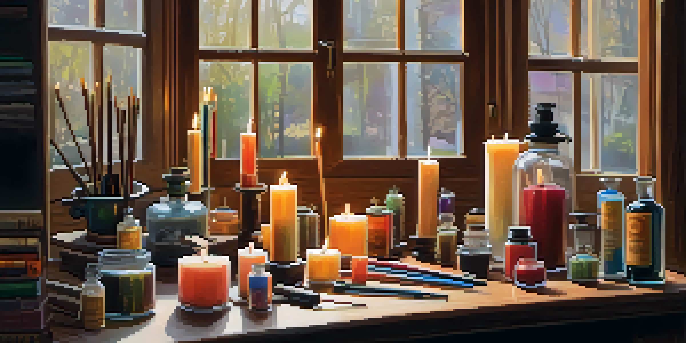 A workspace with supplies for candle-making, including wicks, wax, oils, and tools, illuminated by soft natural light.