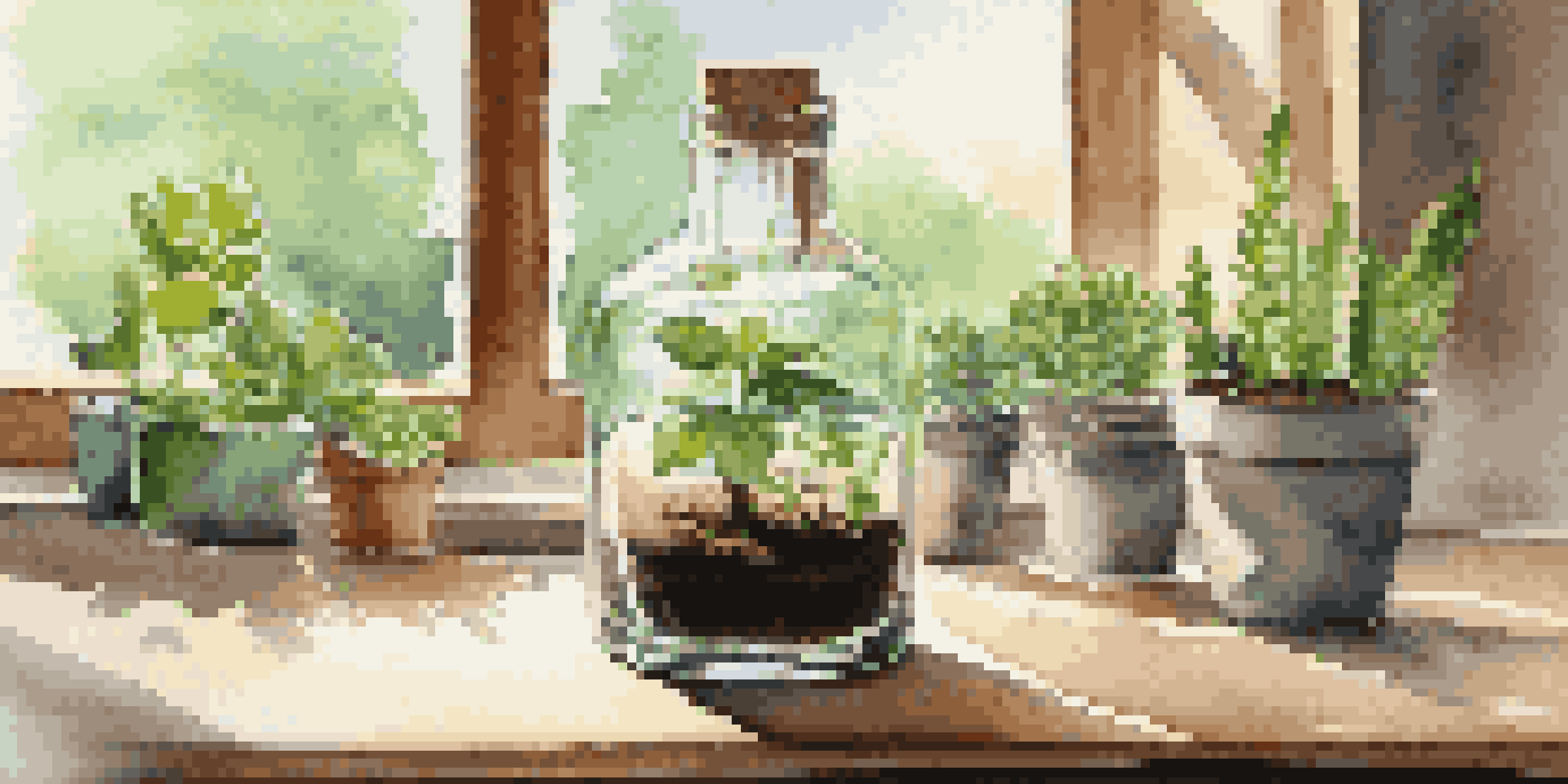 A glass bottle used as a watering system for a green plant in a pot, with sunlight creating reflections.
