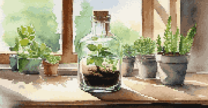 A glass bottle used as a watering system for a green plant in a pot, with sunlight creating reflections.