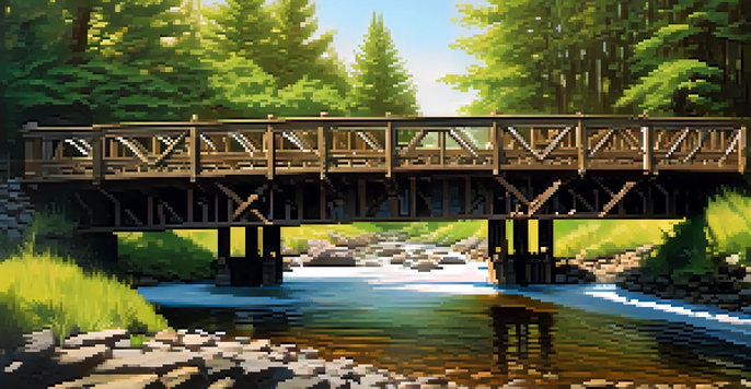 A wooden trestle bridge in a model railroad setting, surrounded by green trees and a river.
