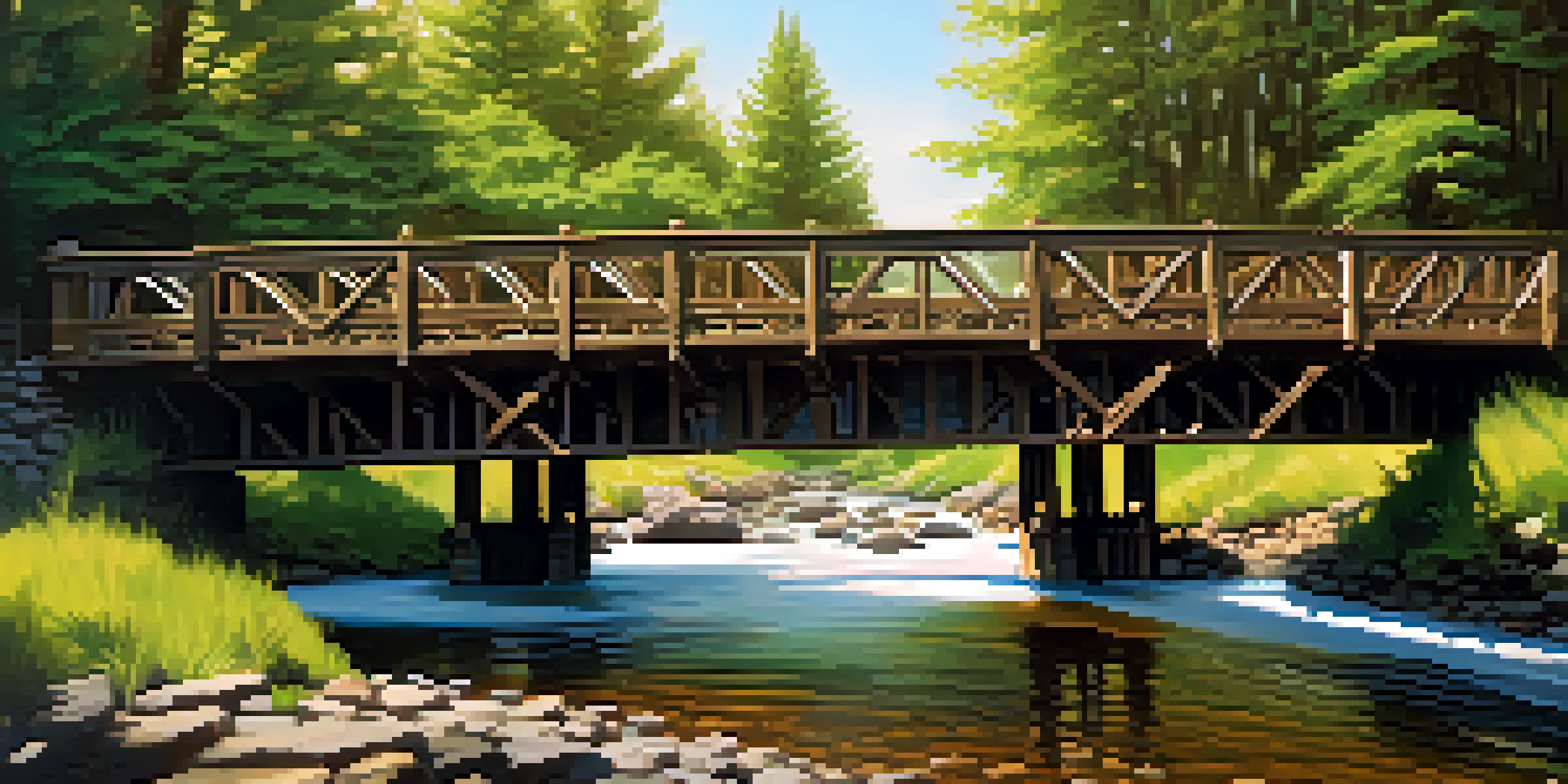 A wooden trestle bridge in a model railroad setting, surrounded by green trees and a river.