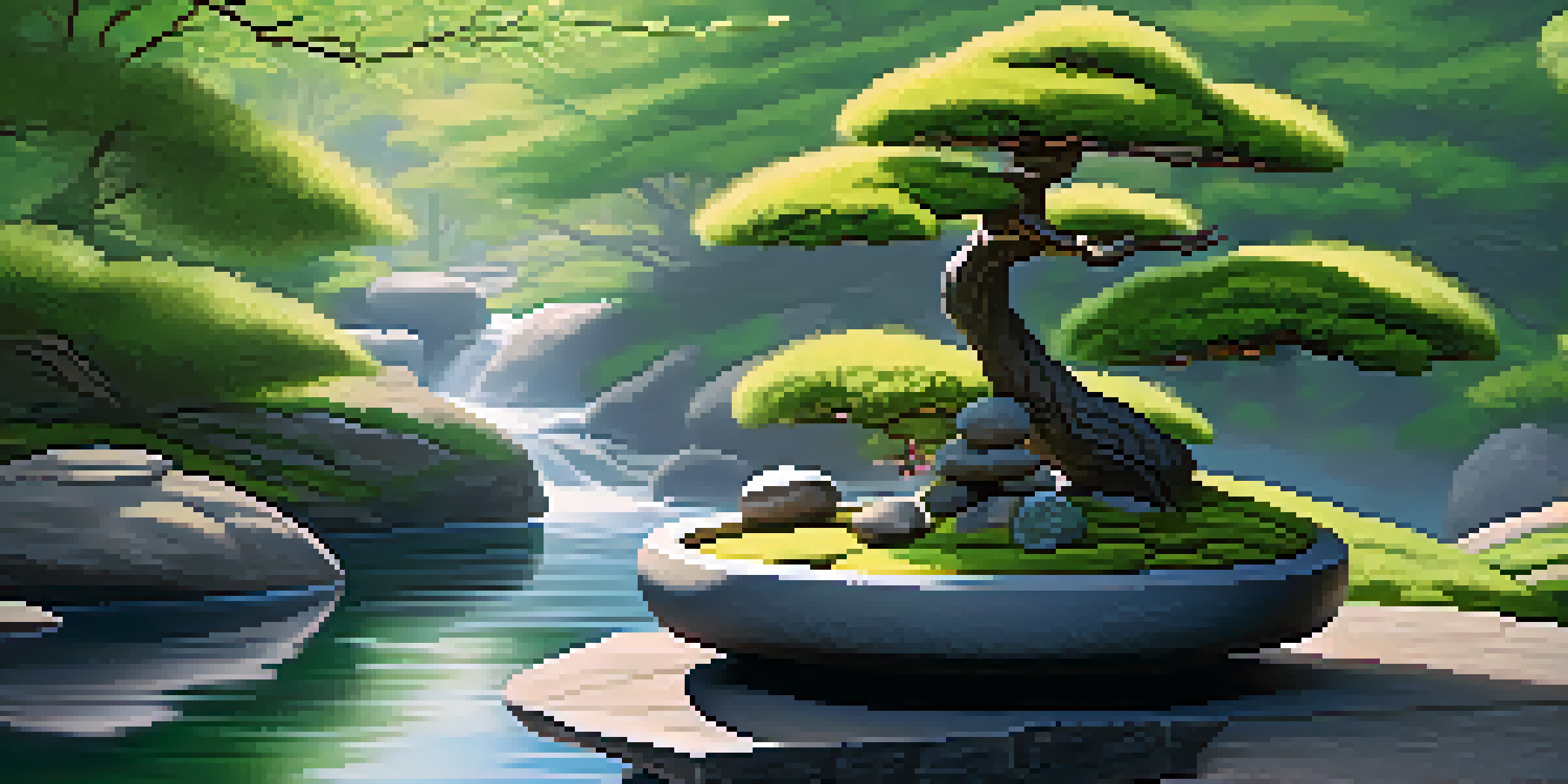 A peaceful Japanese garden with a carefully shaped bonsai tree, river stones, and moss, illuminated by morning light and cherry blossom petals in the air.