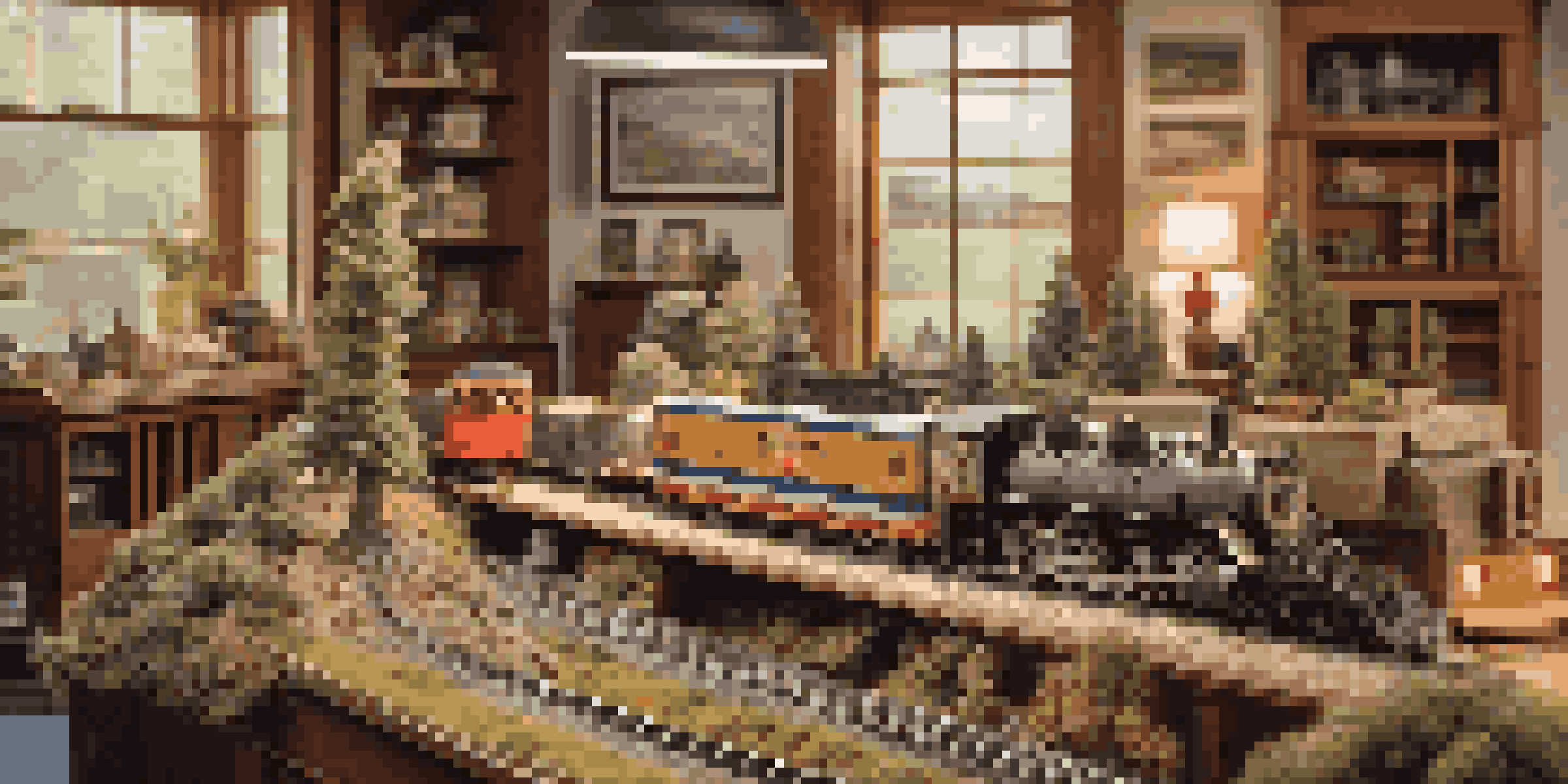 A miniature model railroad with detailed scenery, including hills, trees, and a river, illuminated by warm lighting.