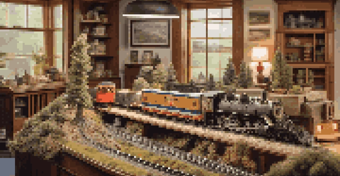 A miniature model railroad with detailed scenery, including hills, trees, and a river, illuminated by warm lighting.