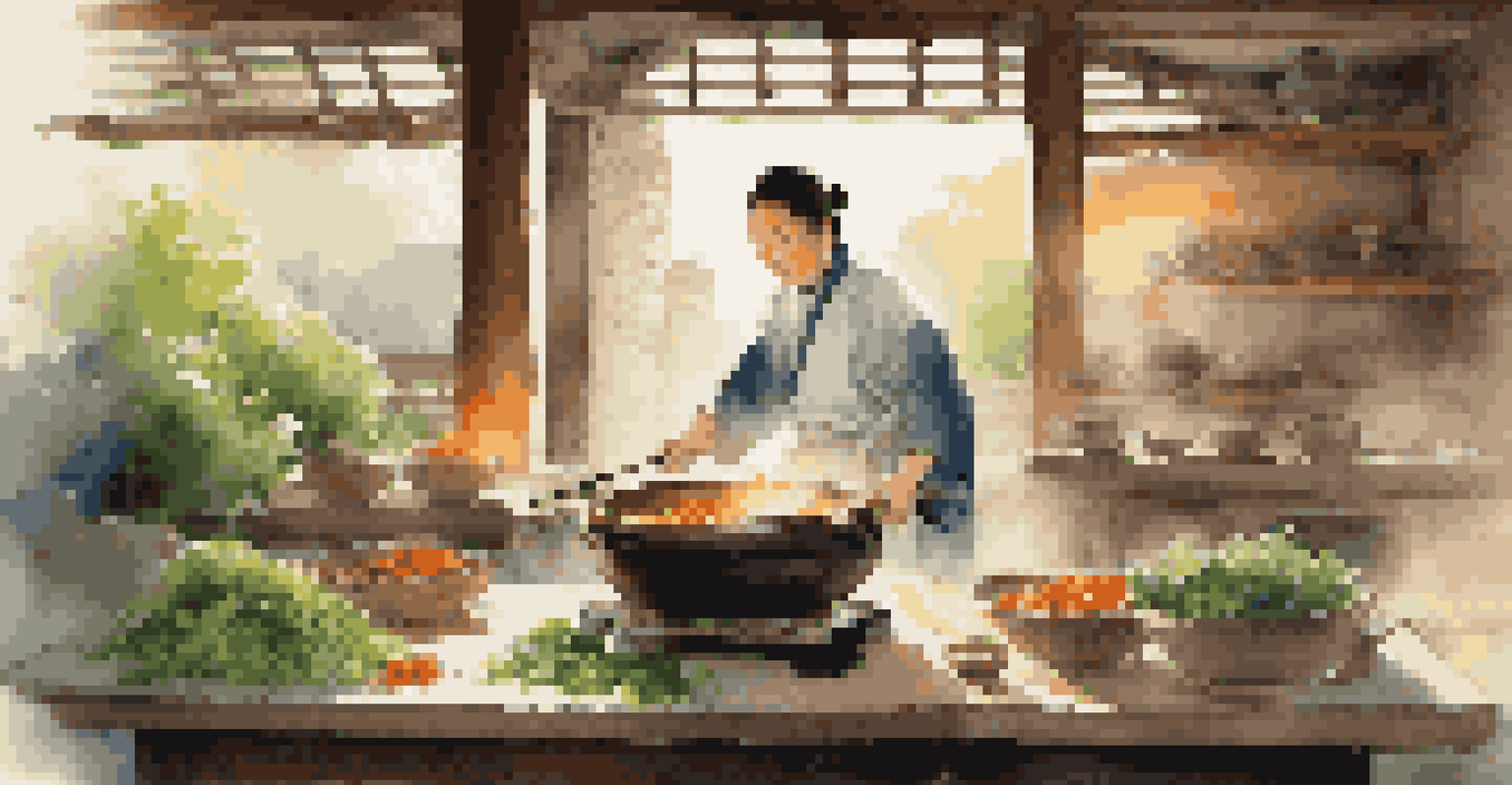 A chef in an ancient Chinese kitchen cooking with a wok over an open flame, with fresh ingredients and soft sunlight coming through a window.