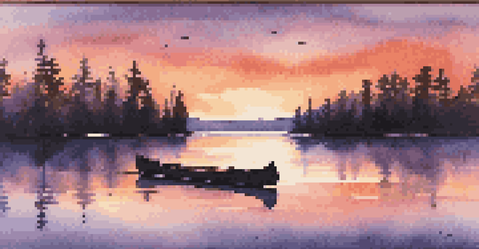 A peaceful sunset landscape with a lake, silhouetted trees, and a wooden canoe on the shore.