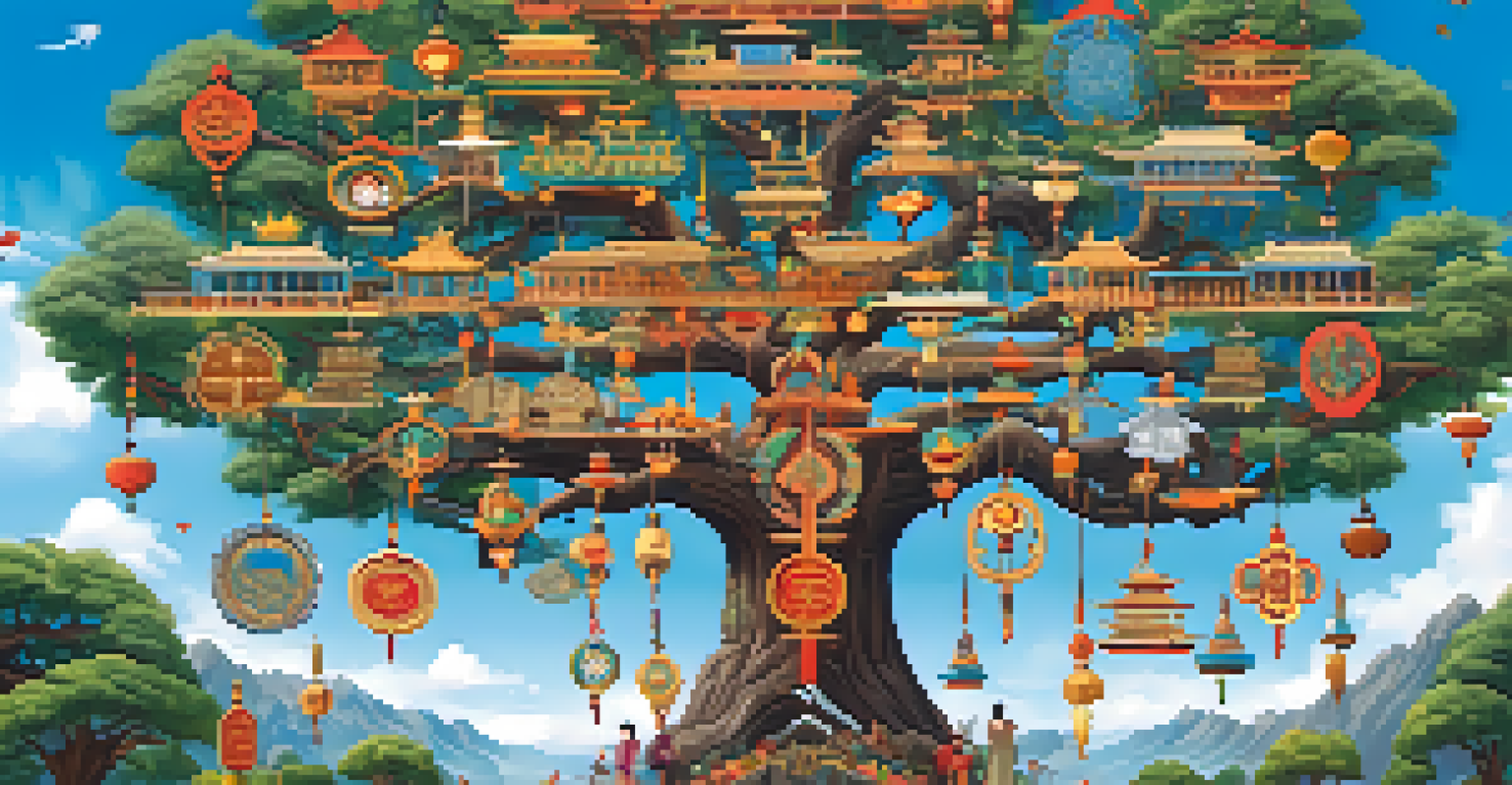 A colorful family tree illustration featuring branches with symbols of different cultures, set against a bright blue sky.