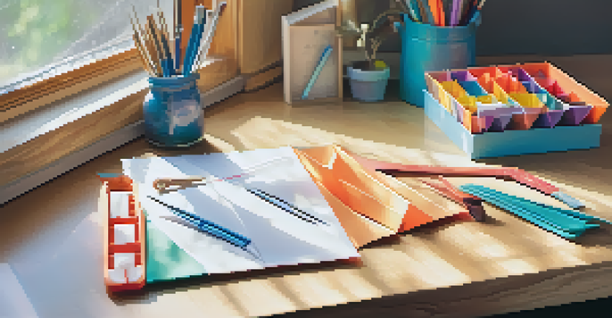 A workspace with origami tools including a bone folder, scissors, tweezers, and colorful origami paper, illuminated by natural light.