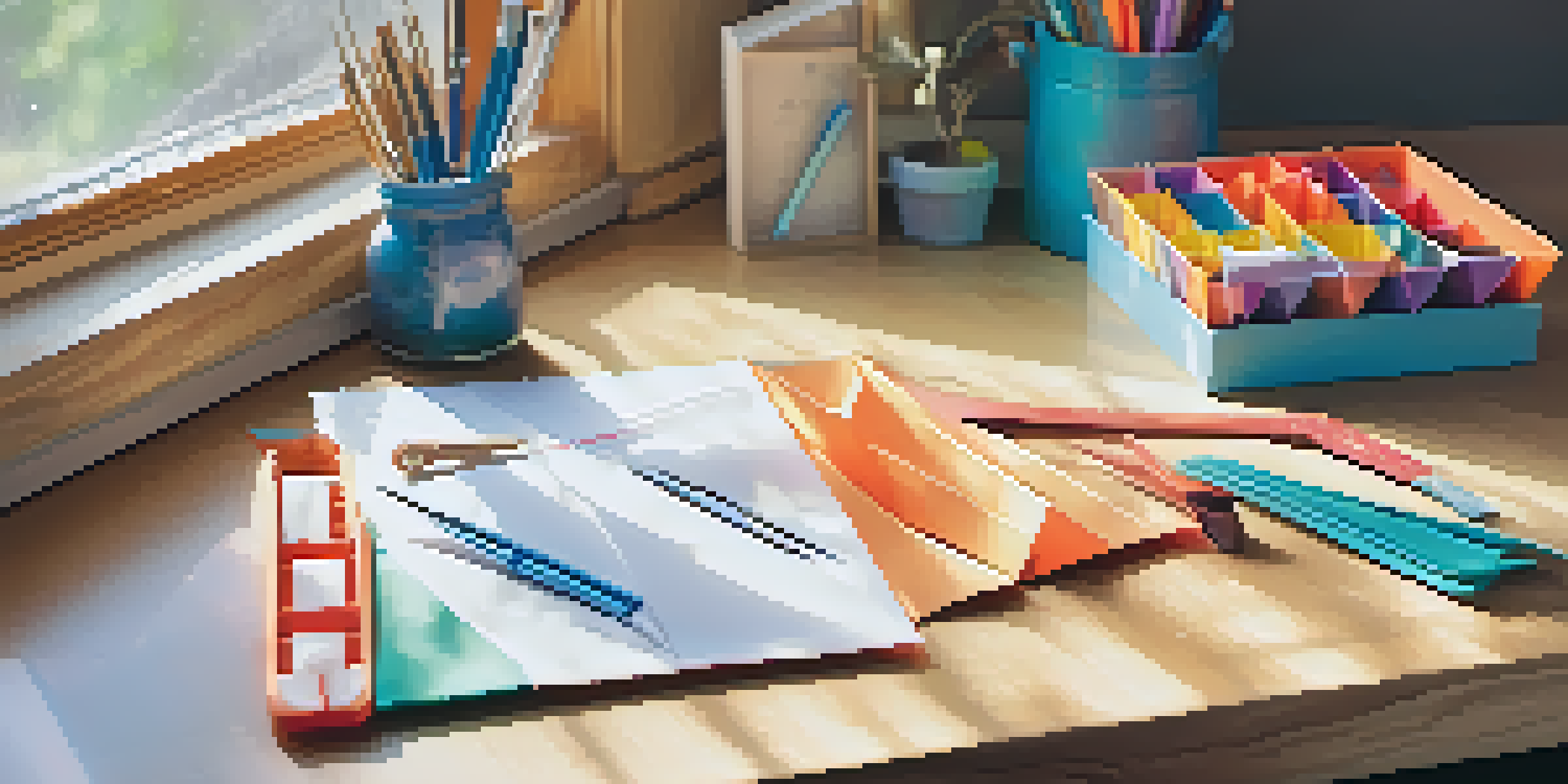 A workspace with origami tools including a bone folder, scissors, tweezers, and colorful origami paper, illuminated by natural light.