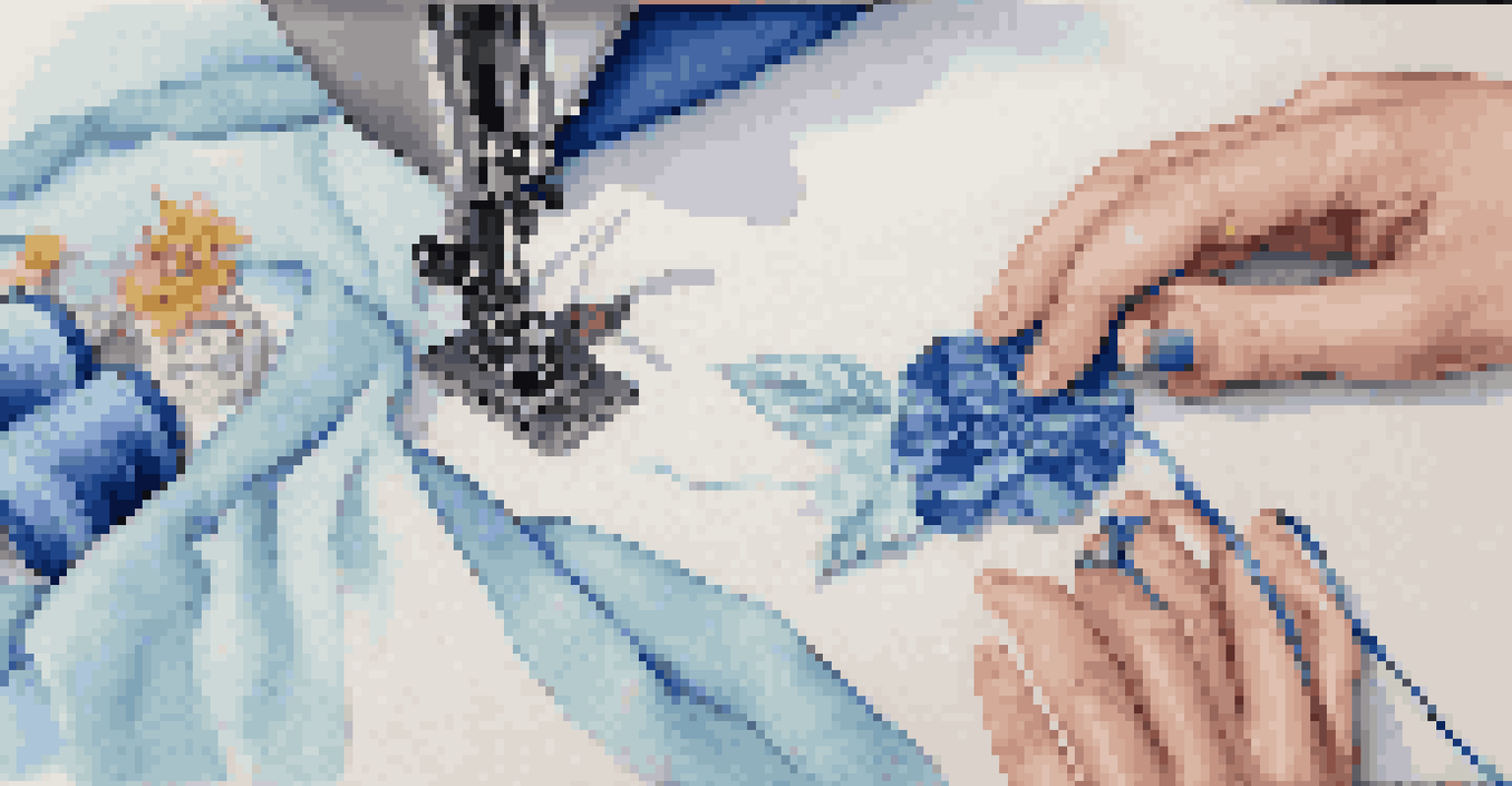 An overhead view of a sewing machine and floral fabric being stitched.