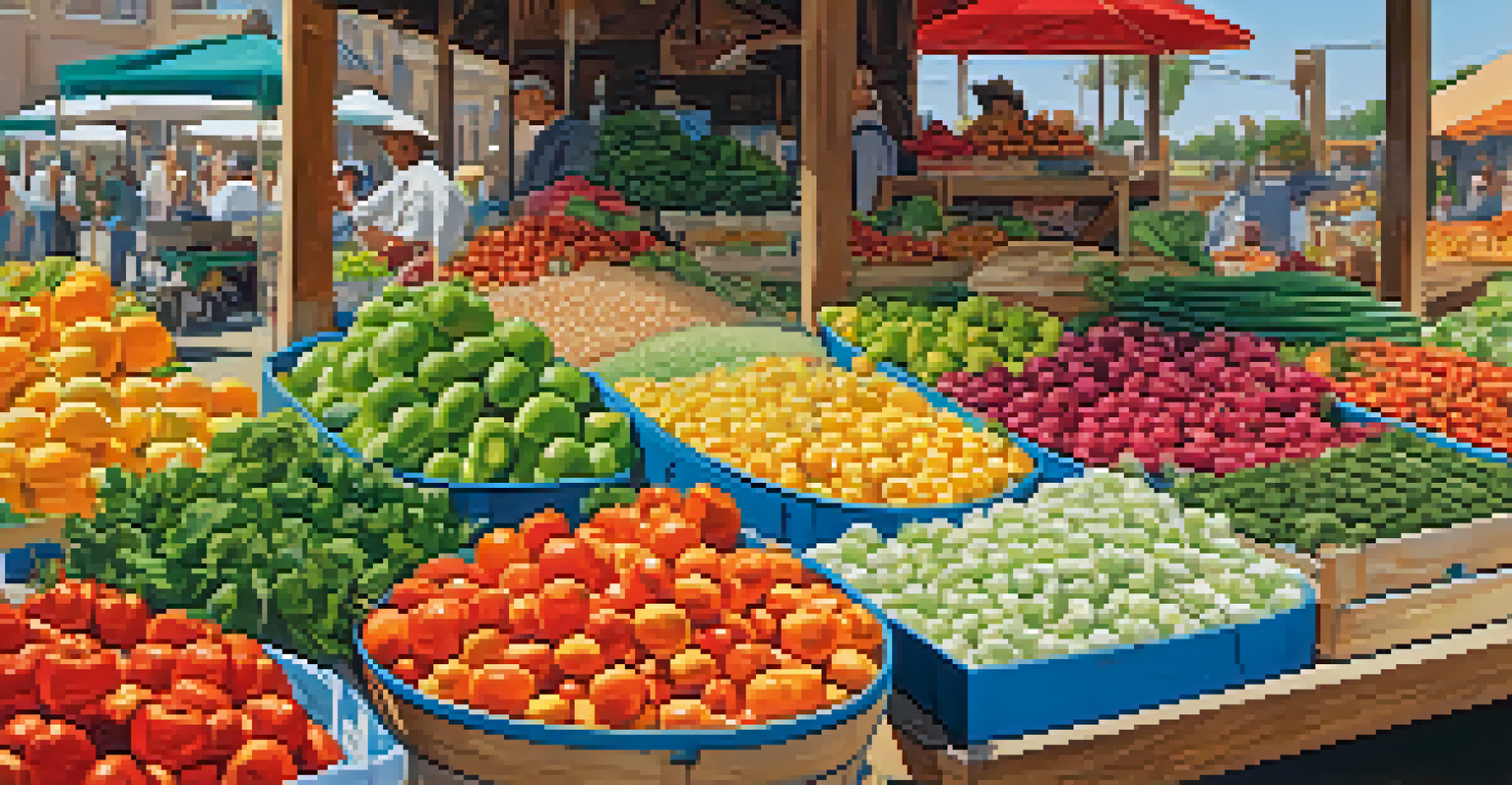An outdoor farmer's market with fresh produce and a stall displaying artisanal salt products.