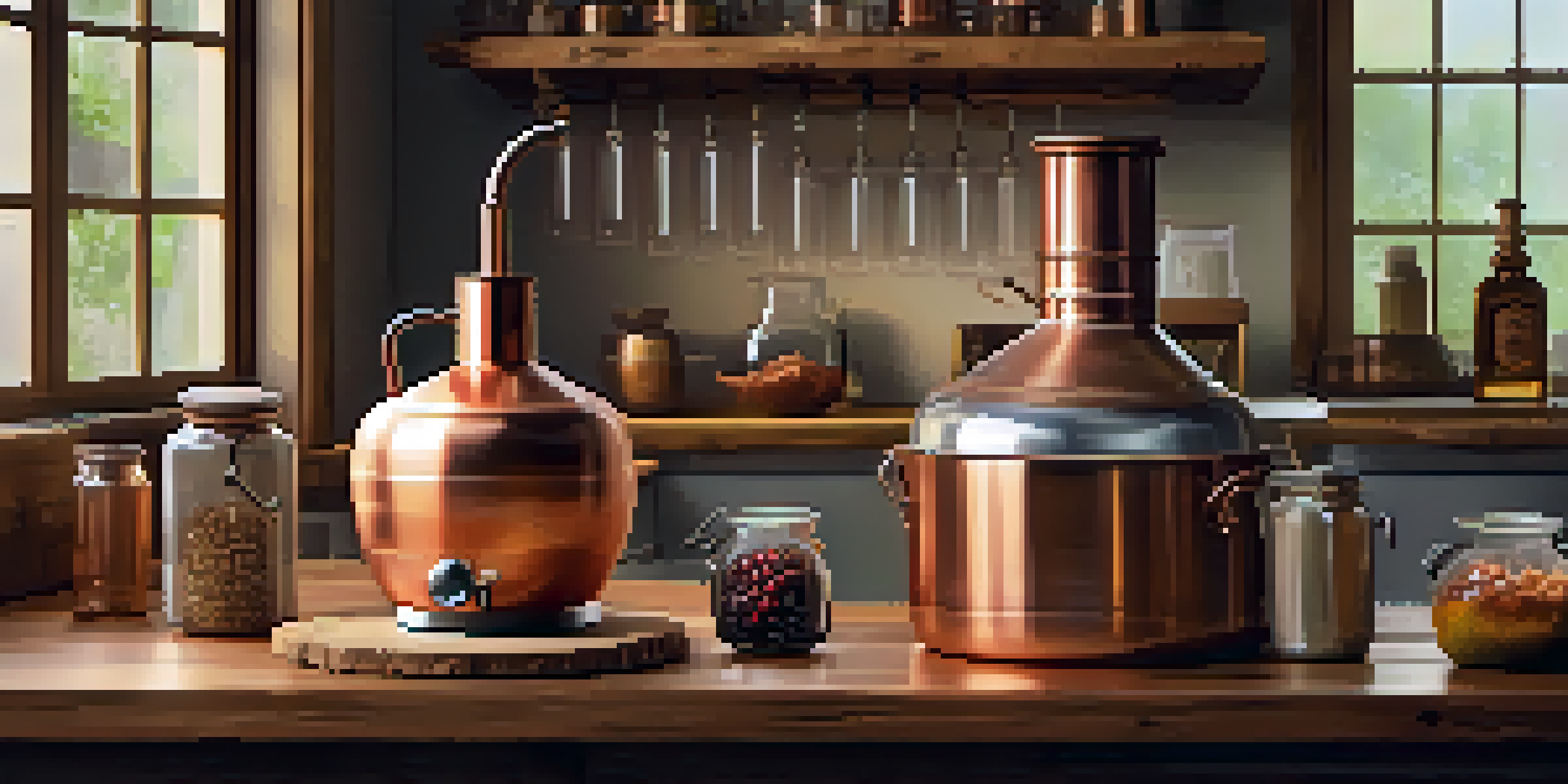 A home distilling setup with a copper pot still and jars of fermented ingredients on a wooden countertop, illuminated by warm lighting.
