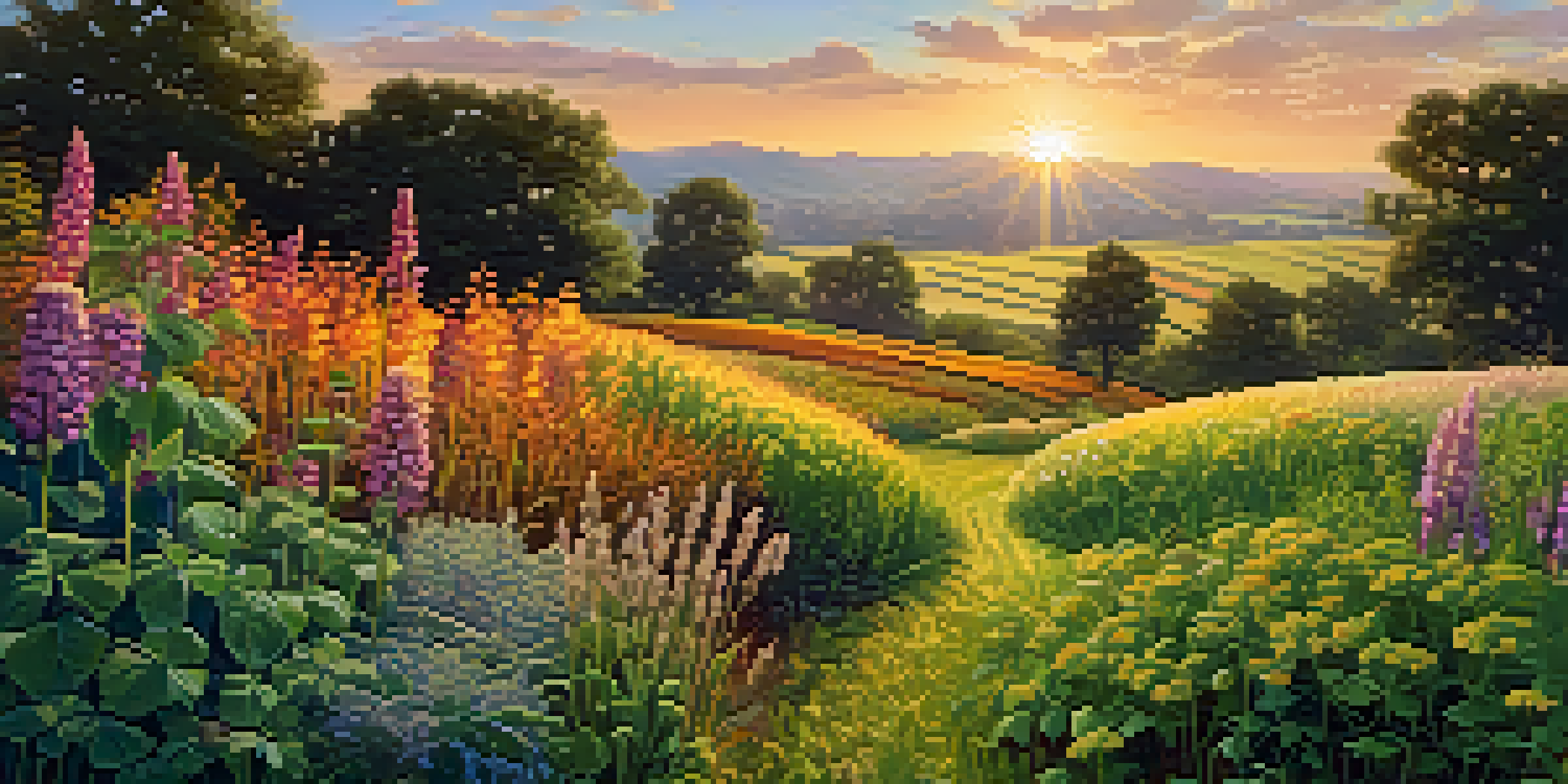 A colorful garden filled with various cover crops and pollinators, illuminated by a warm sunset.