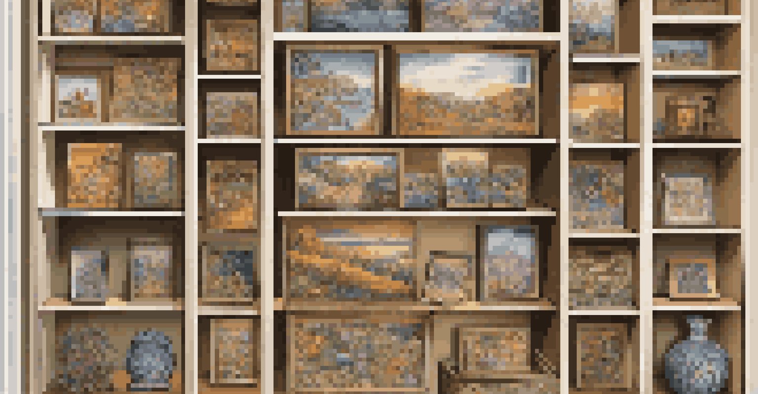 An artistic display of assorted jigsaw puzzles on a shelf, with soft lighting enhancing their colors and details.