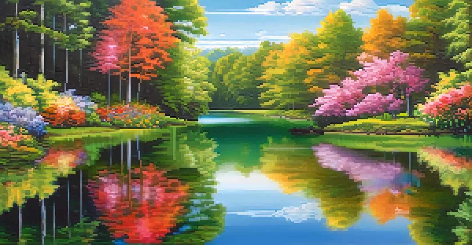 A clear lake surrounded by greenery and flowers, reflecting the sky, symbolizing mental clarity and tranquility.
