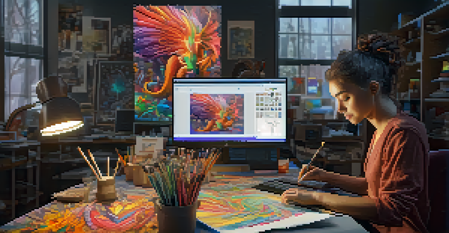 An artist creating a 3D model on a computer, surrounded by sketches and colorful renderings.