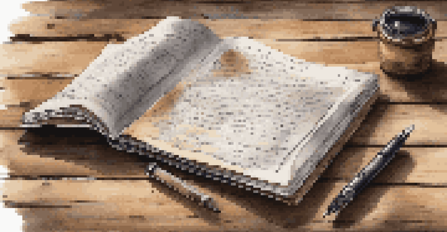 A writing portfolio displayed on a rustic table, showcasing writing samples with a stylish pen beside it.