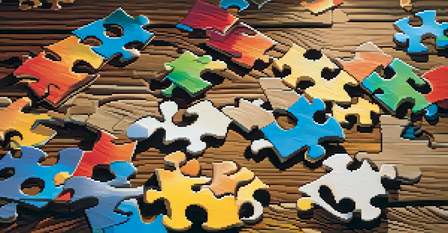 A close-up of a colorful jigsaw puzzle on a wooden table, with scattered pieces and warm lighting.